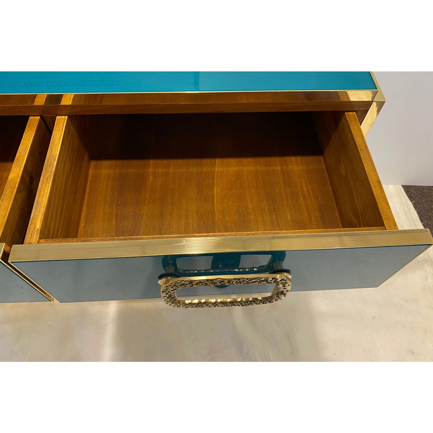 Bespoke Italian Art Design Brass Metallic Emerald Blue Glass Dresser Sideboard