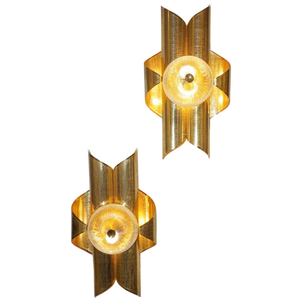 Vintage Late 1970s Modern Design Pair of Folded Brass and Clear Glass Sconces