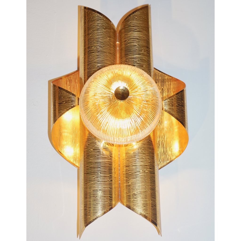 Vintage Late 1970s Modern Design Pair of Folded Brass and Clear Glass Sconces