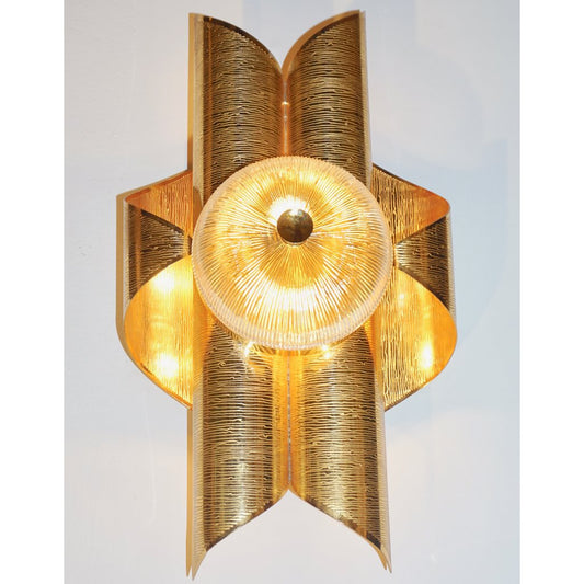 Vintage Late 1970s Modern Design Pair of Folded Brass and Clear Glass Sconces