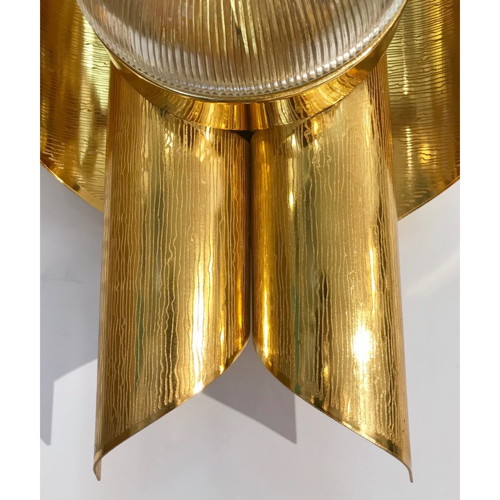 Vintage Late 1970s Modern Design Pair of Folded Brass and Clear Glass Sconces
