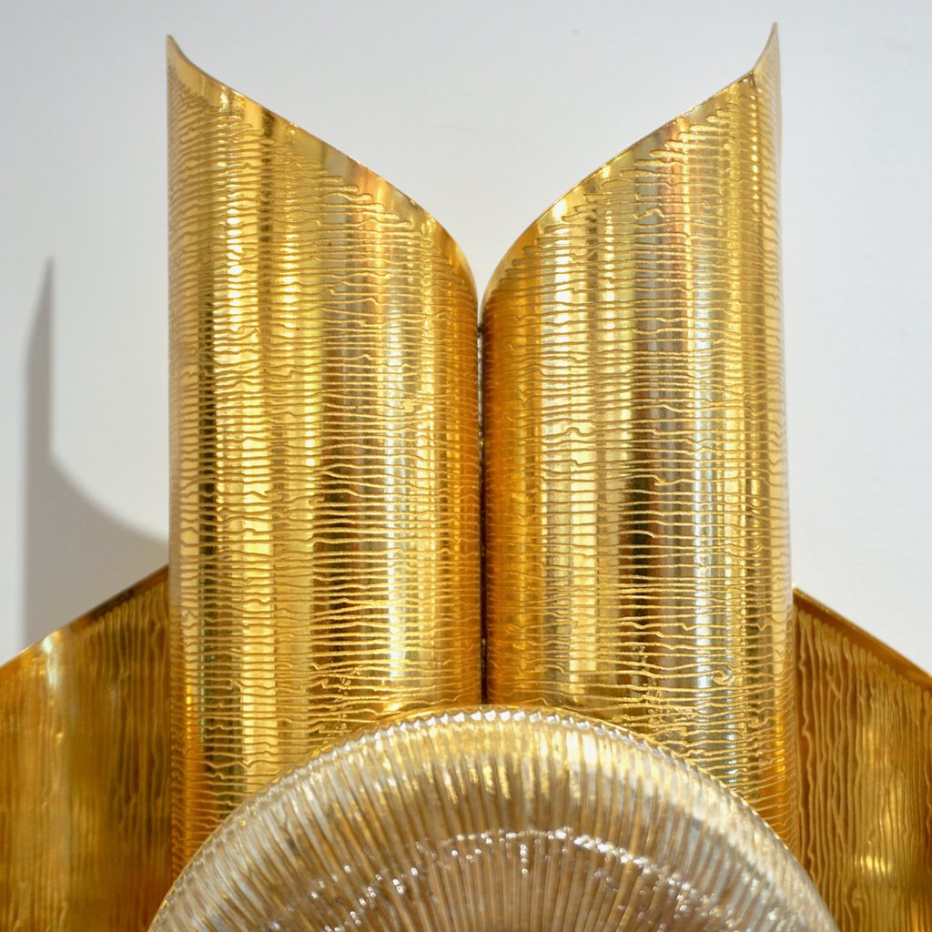Vintage Late 1970s Modern Design Pair of Folded Brass and Clear Glass Sconces