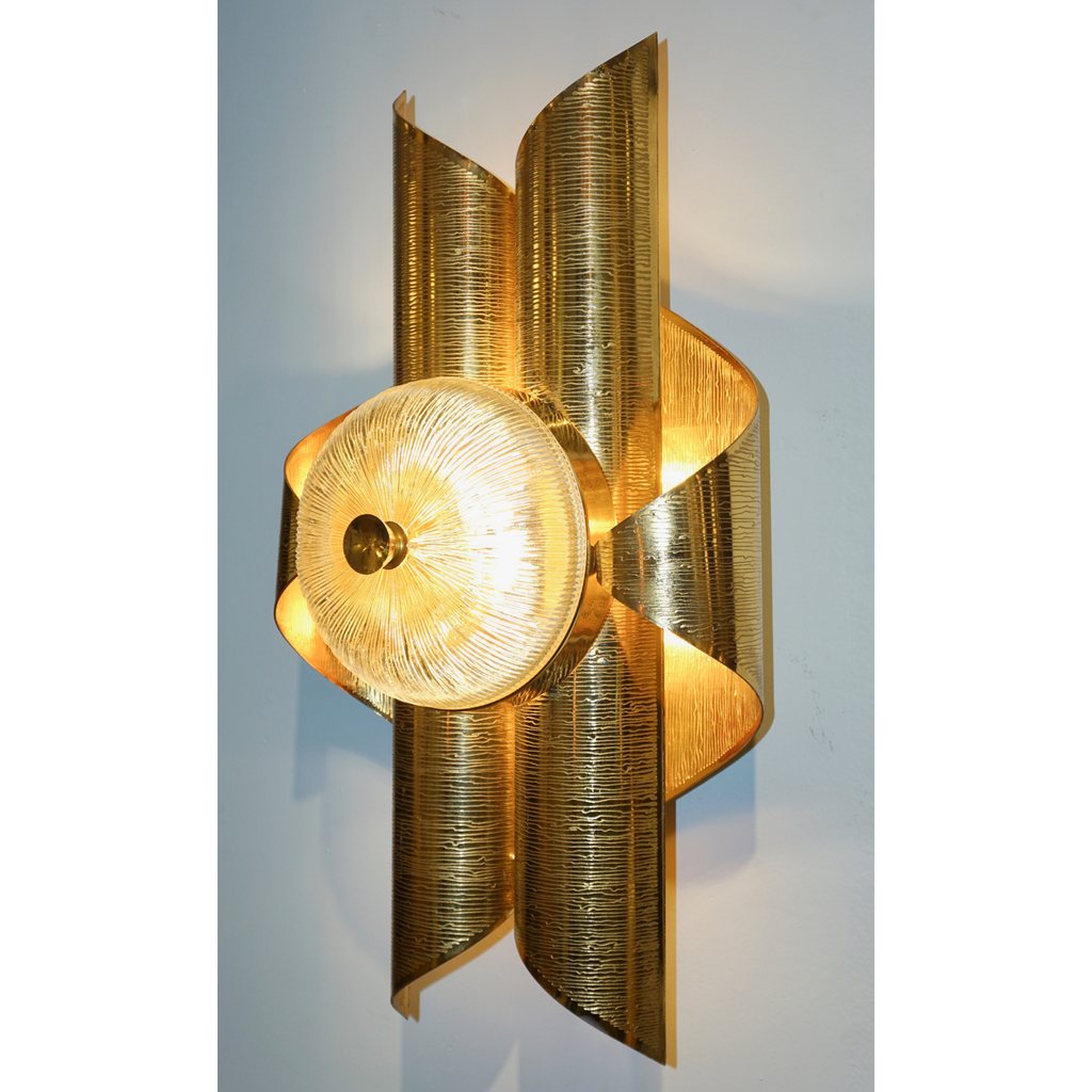 Vintage Late 1970s Modern Design Pair of Folded Brass and Clear Glass Sconces
