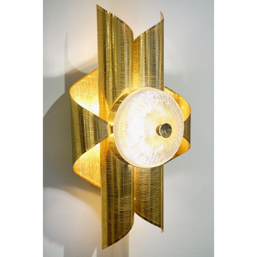 Vintage Late 1970s Modern Design Pair of Folded Brass and Clear Glass Sconces