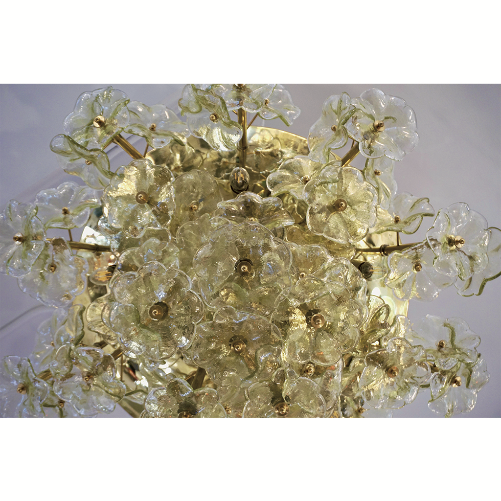 1970s Italian Buttercup Yellow Murano Glass Flower Brass Chandelier/Flush Mount