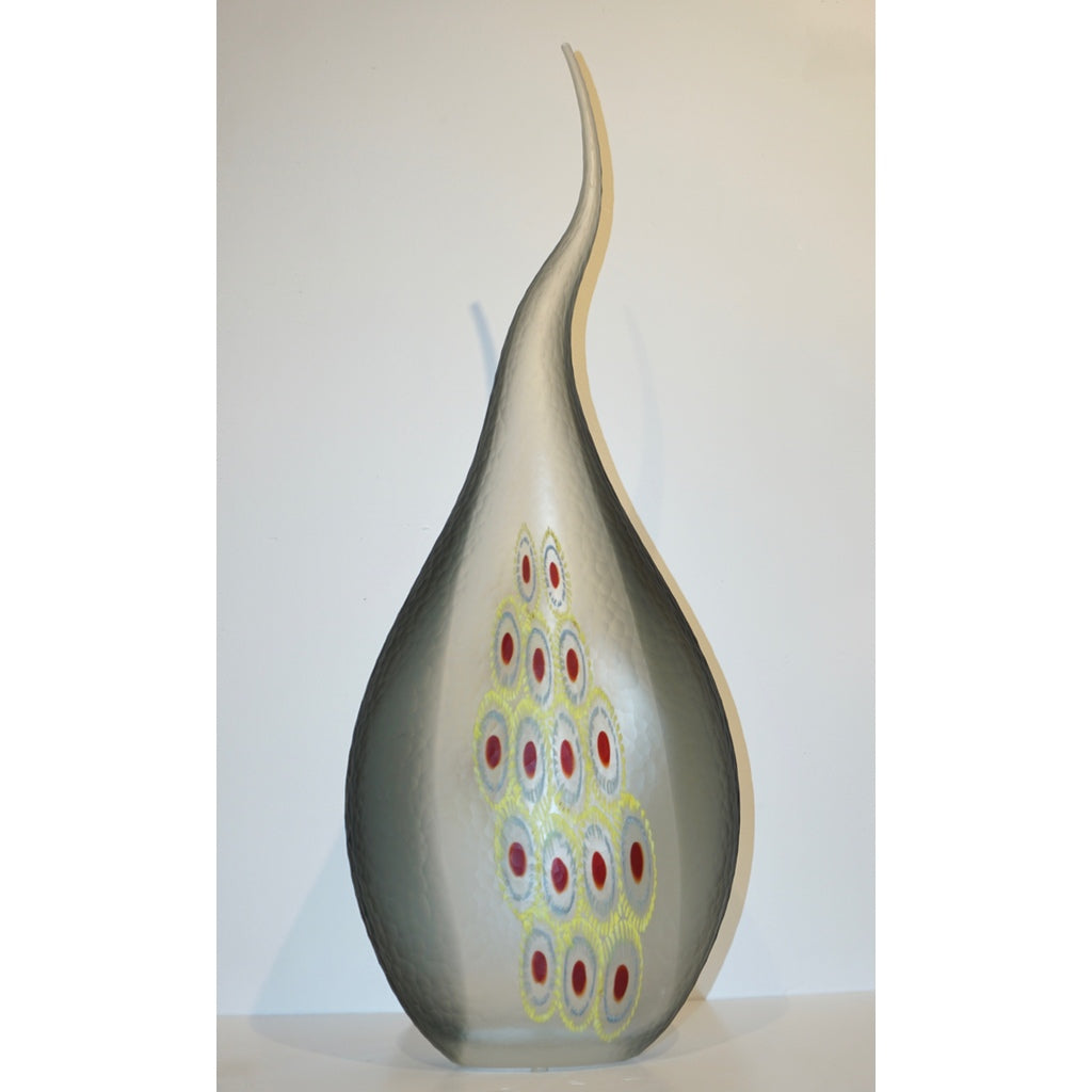 Dona Modern Art Glass Smoked Gray Sculptural Vase with Red and Yellow Murrine
