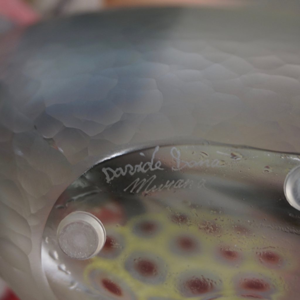 Dona Modern Art Glass Smoked Gray Sculptural Vase with Red and Yellow Murrine