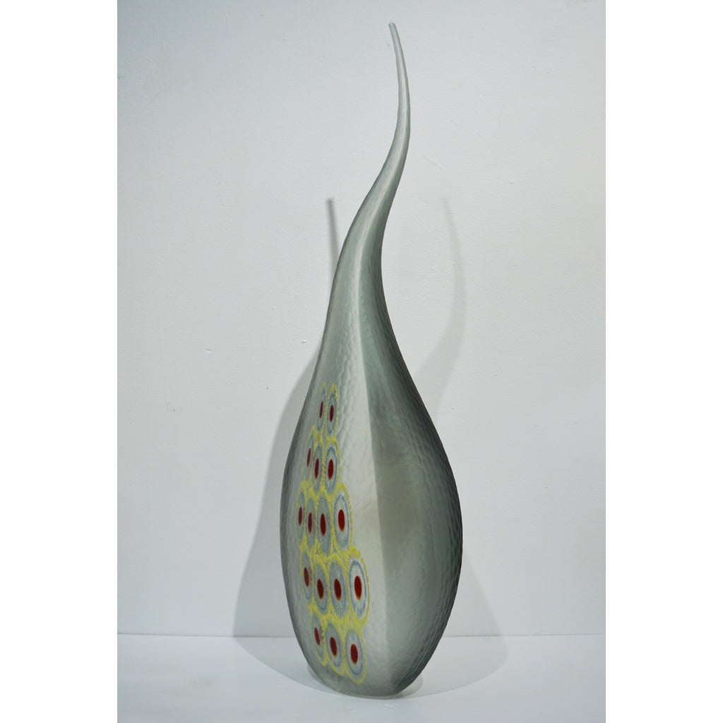 Dona Modern Art Glass Smoked Gray Sculptural Vase with Red and Yellow Murrine