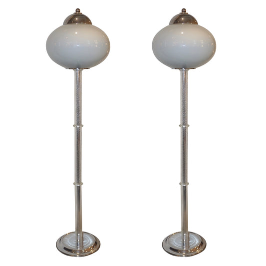 Italian 1970s Silver Leaf Crystal and Pearl Gray Murano Glass Nickel Floor Lamp
