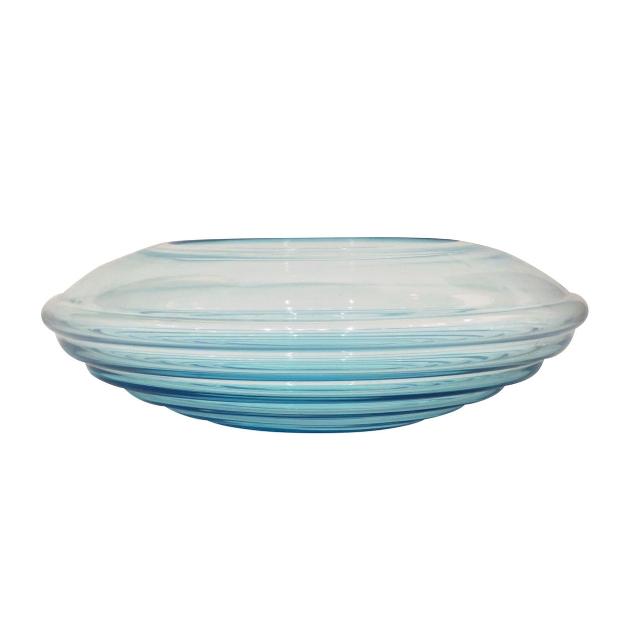 Giampaolo Ghisetti 1970s Round Aquamarine Murano Glass Ribbed Bowl 