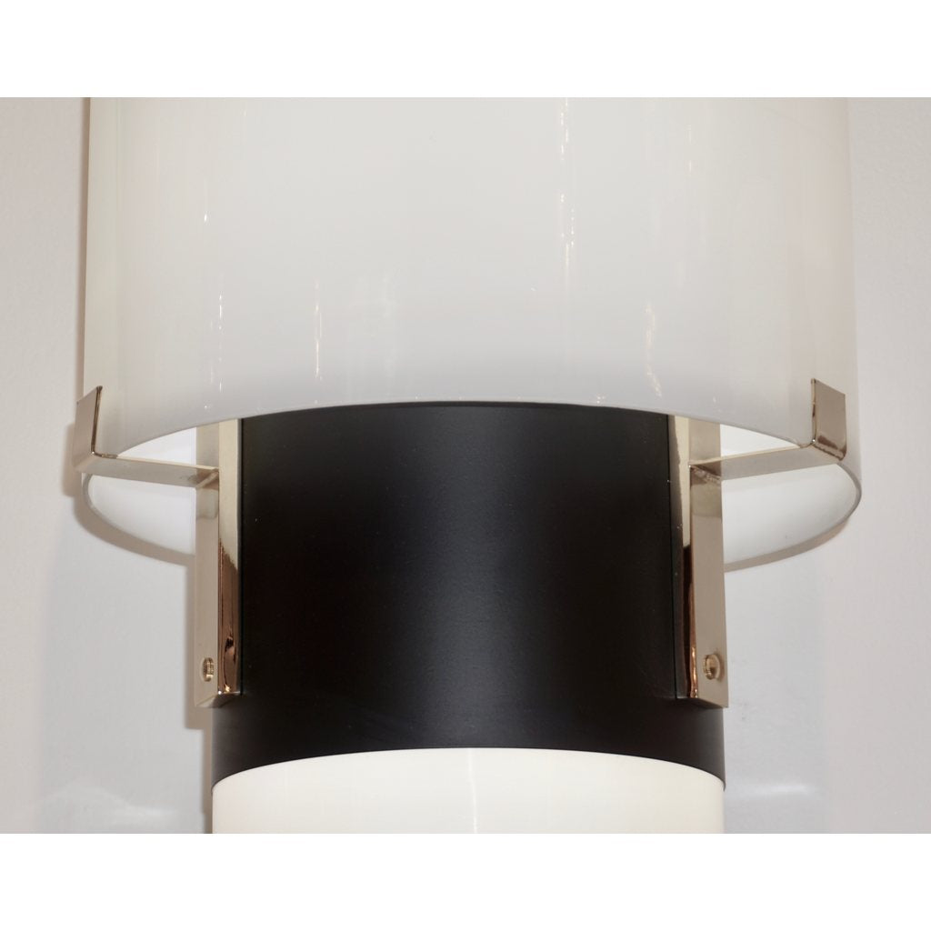 1970 Italian Minimalist Pair of Black White Glass Double-Lit Lucite Modern Table Lamps