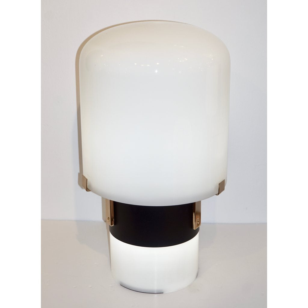 1970 Italian Minimalist Pair of Black White Glass Double-Lit Lucite Modern Table Lamps