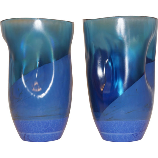 Contemporary Minimalist Iridiscent Royal Blue Murano Glass Pair of Modern Vases