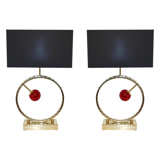 Contemporary Italian Monumental Pair of Brass & Red Murano Glass Console Lamps