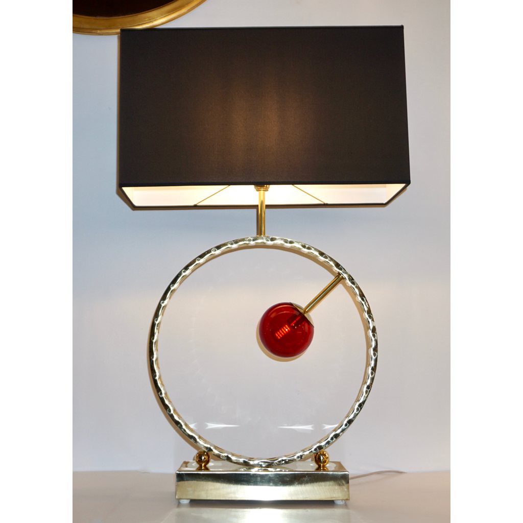 Contemporary Italian Monumental Pair of Brass & Red Murano Glass Console Lamps