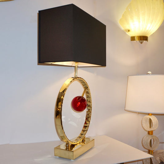 Contemporary Italian Monumental Pair of Brass & Red Murano Glass Console Lamps