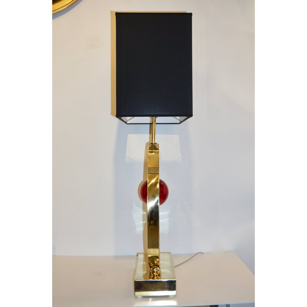 Contemporary Italian Monumental Pair of Brass & Red Murano Glass Console Lamps