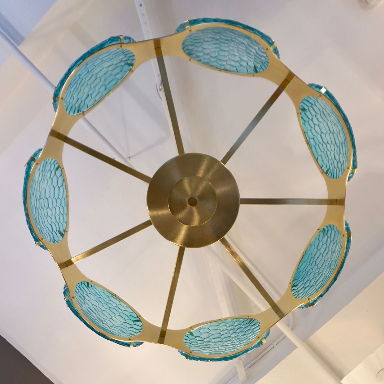 Bespoke Italian Organic Aquamarine Murano Glass Round Brass Chandelier Pendant