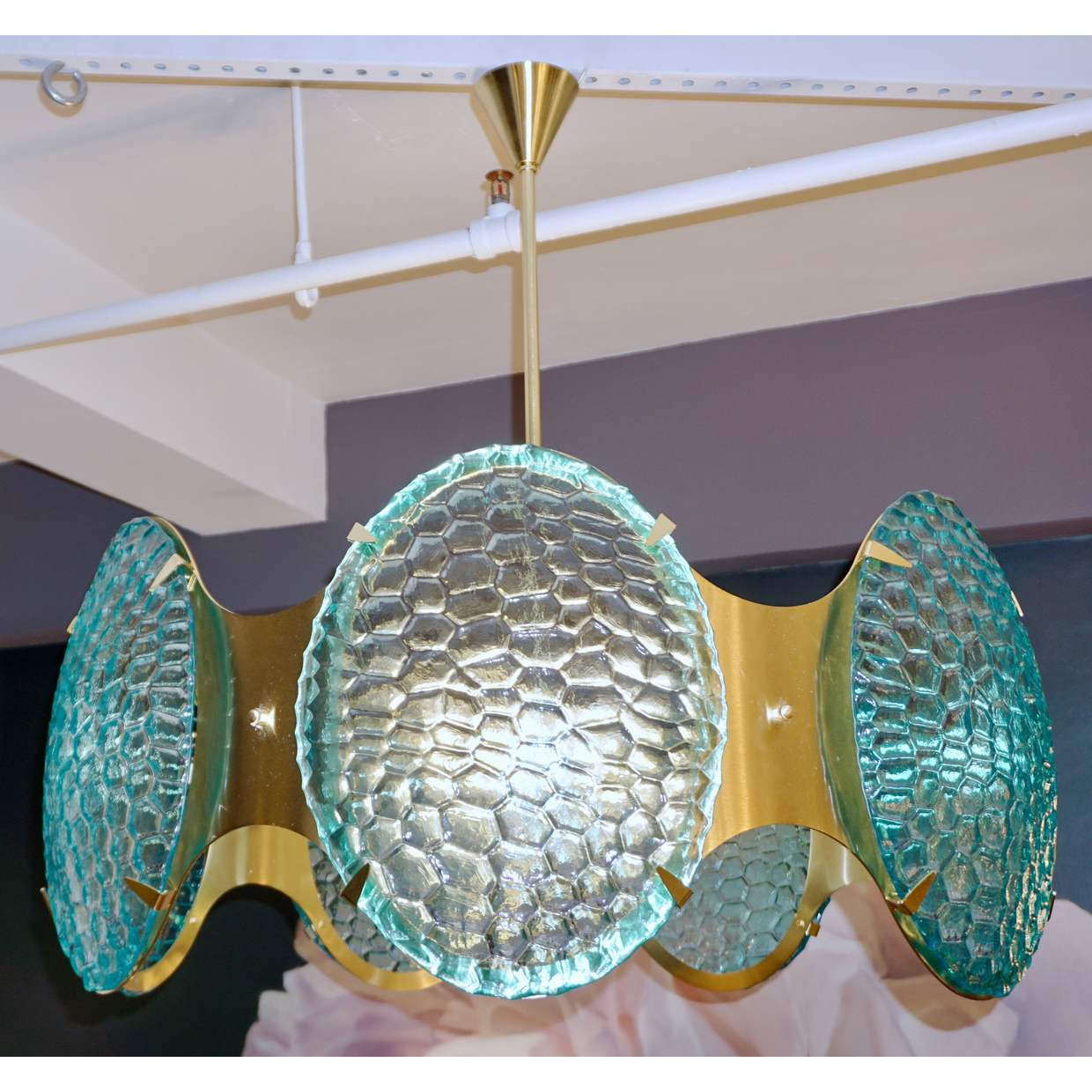 Bespoke Italian Organic Aquamarine Murano Glass Round Brass Chandelier Pendant