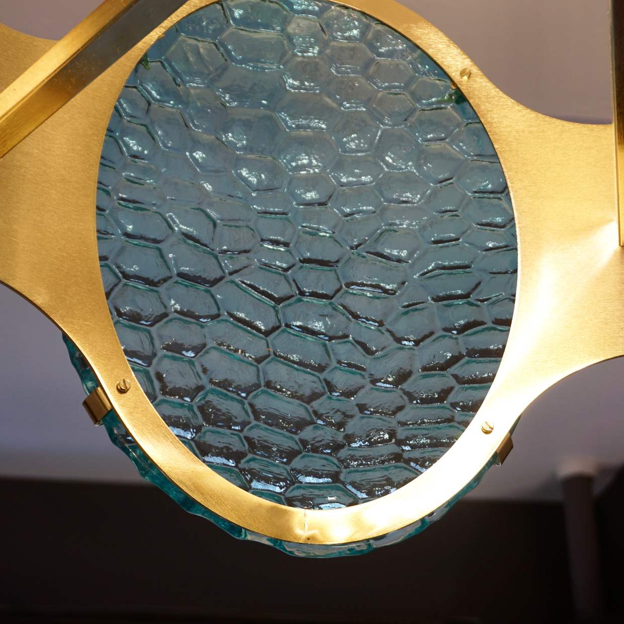 Bespoke Italian Organic Aquamarine Murano Glass Round Brass Chandelier Pendant