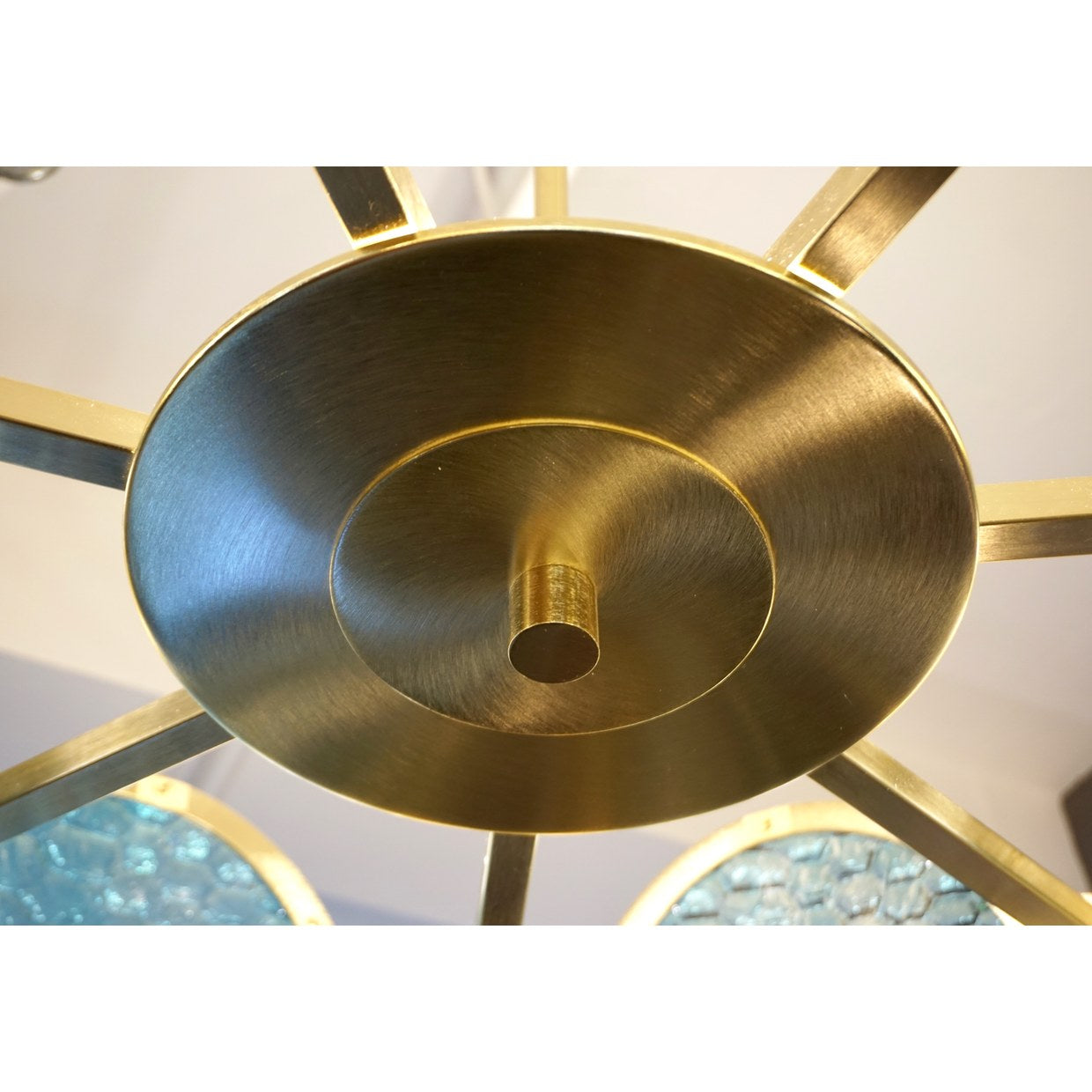 Bespoke Italian Organic Aquamarine Murano Glass Round Brass Chandelier Pendant