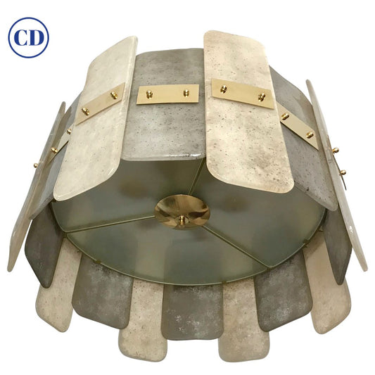 Contemporary Italian Organic Gray Ivory Murano Glass Round Flush Mount Chandelier