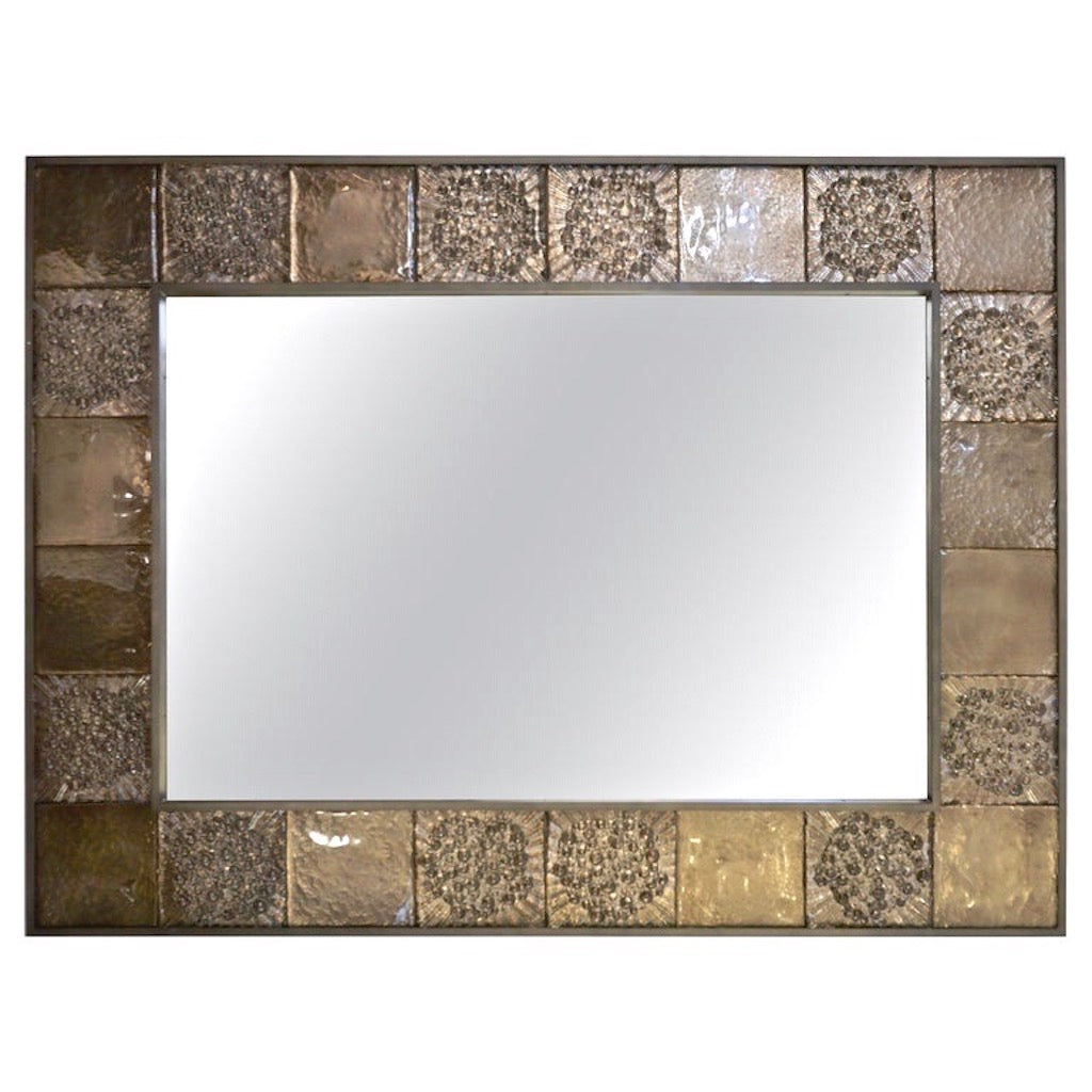 Bespoke Italian Smoked Amber Mirrored Murano Glass Geometric Bronze Tile Mirror