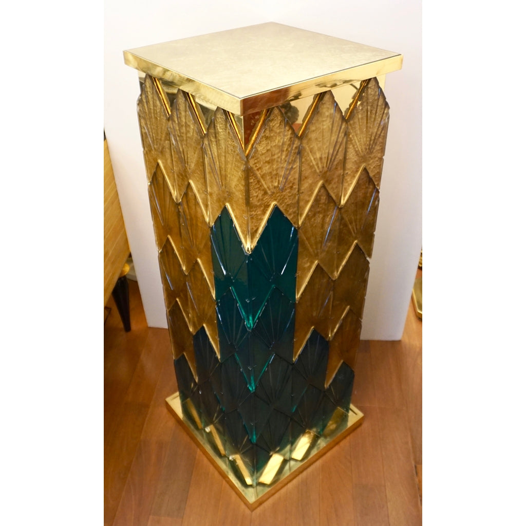 Bespoke Italian Art Deco Style Green Gold Murano Glass Brass and Wood Pedestals