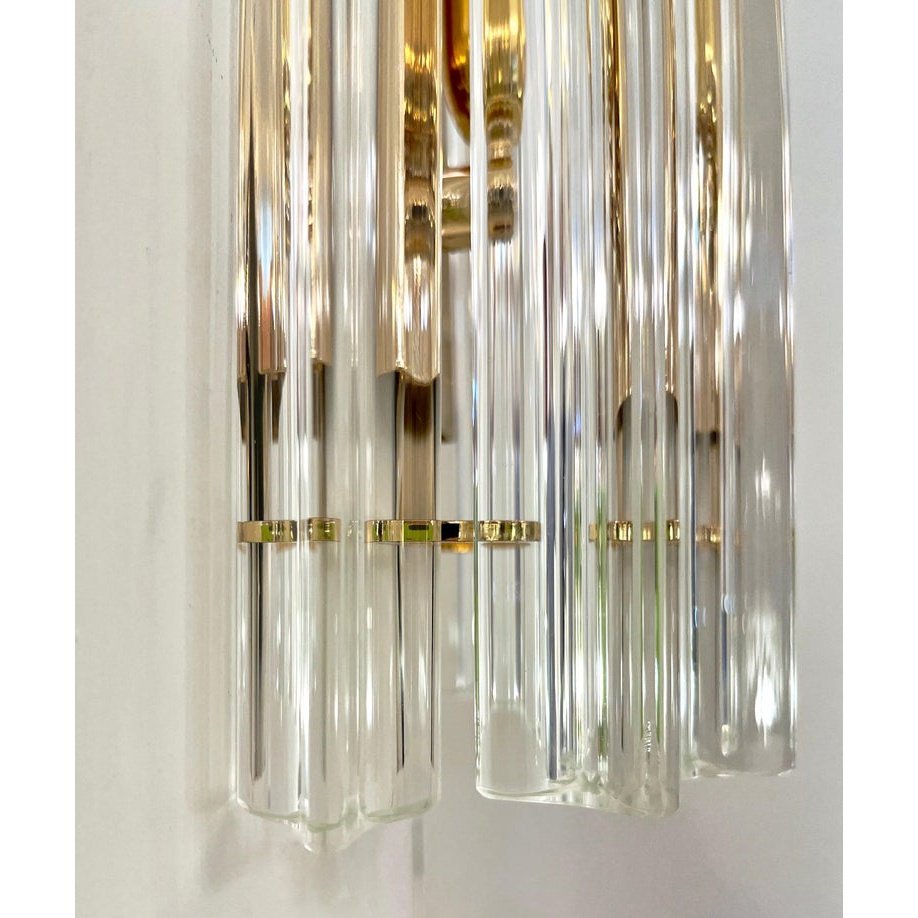 Italian Contemporary Pair of Minimalist Brass Crystal Clear Murano Glass Sconces