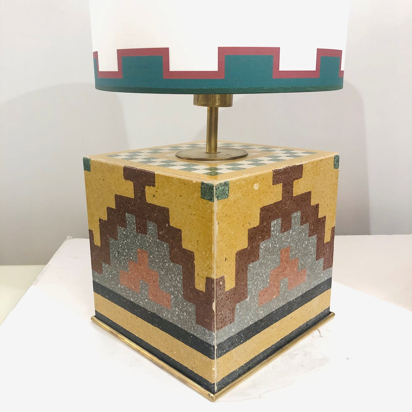 Vintage Pair of Italian Mosaic Cement Tile Cube Lamps with Custom Shades