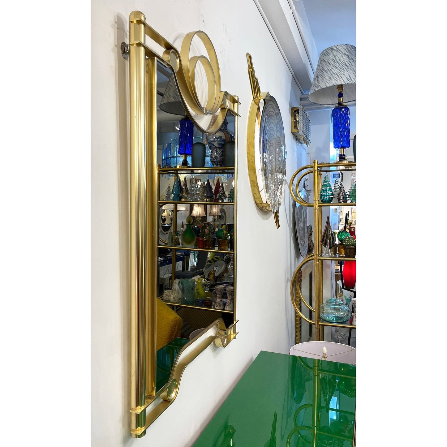 1970, Vintage Italian Modern Curved Satin Brass Wall Mirror Attributed Frigerio