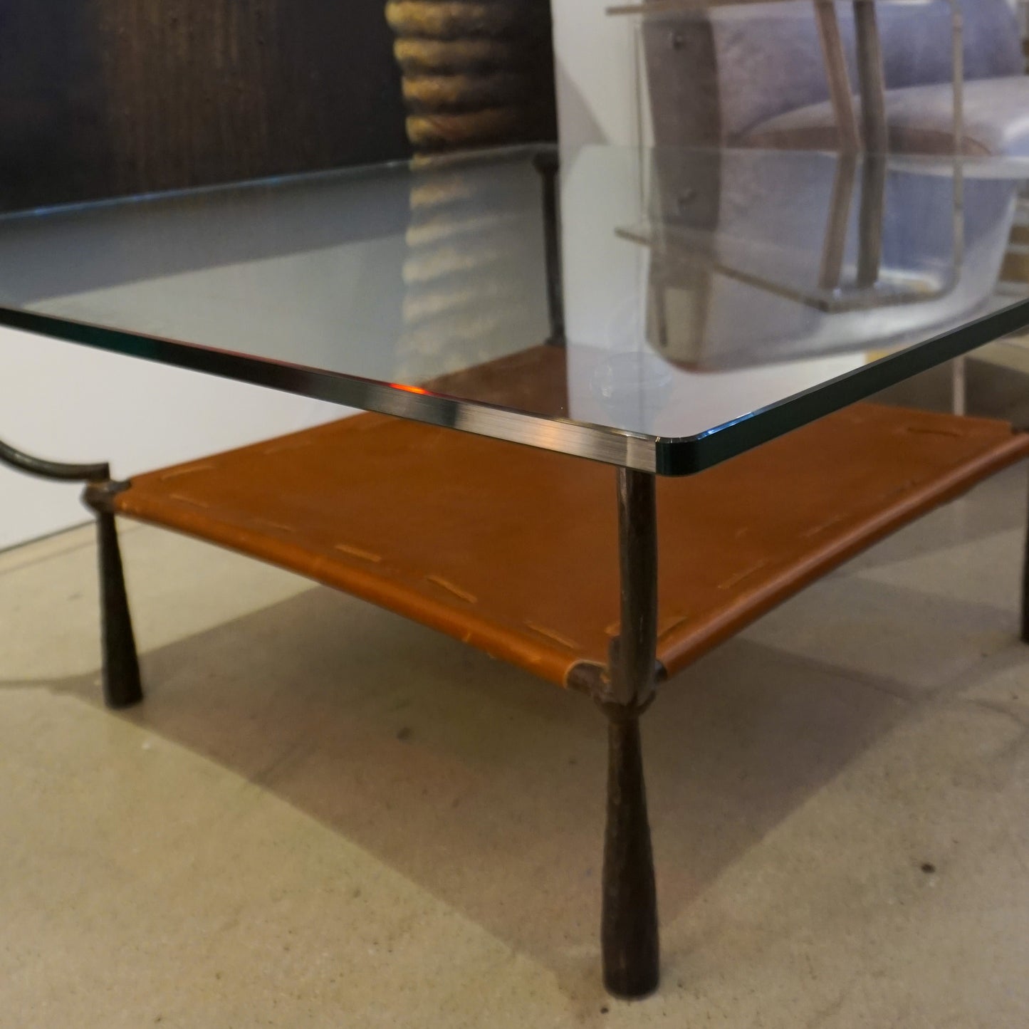 1970 Banci Vintage Italian Wrought Iron Brown Leather Square Glass Coffee Table