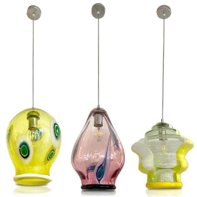 Bespoke Italian Organic Purple Black White Tulip Murano Glass Pendant Light