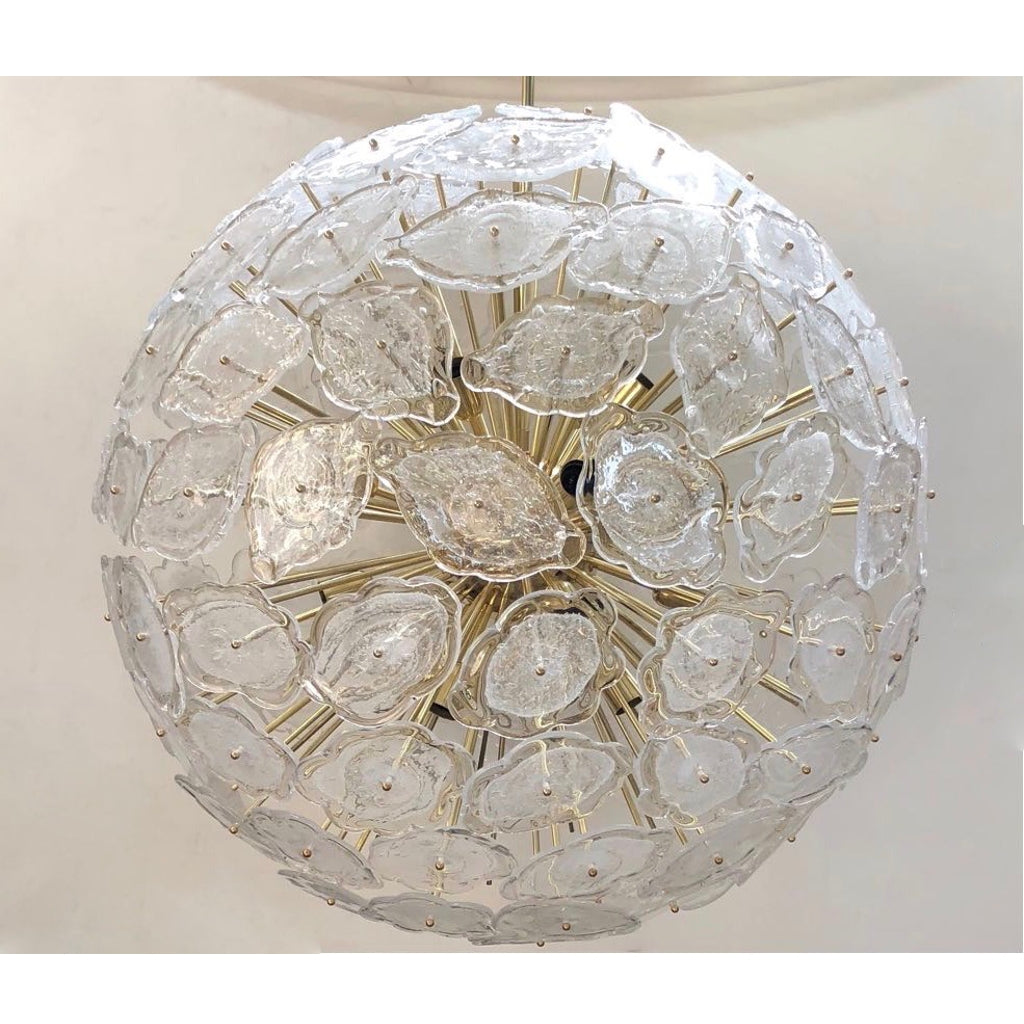Contemporary Italian Brass & White Frosted Murano Glass Leaf Sputnik Chandelier