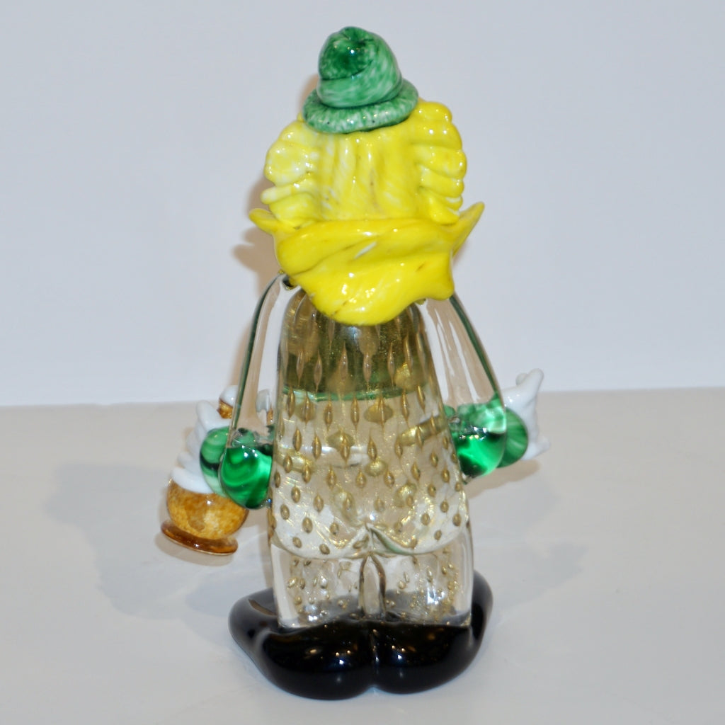 Modern Italian Yellow Black Murano Glass Clown Sculpture with Bottle & Green Tie
