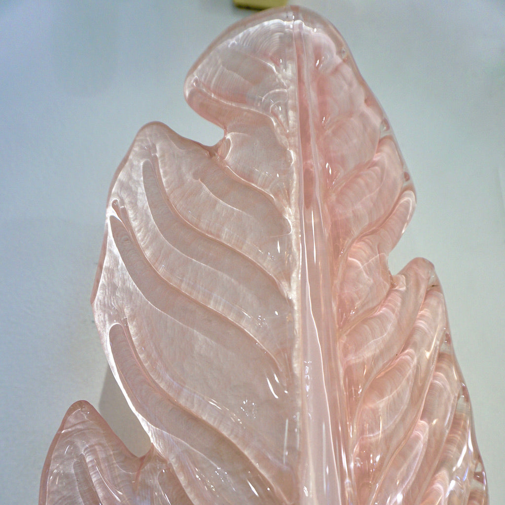 Contemporary Italian Art Deco Pink Murano Glass & Brass Feather Leaf Sconces