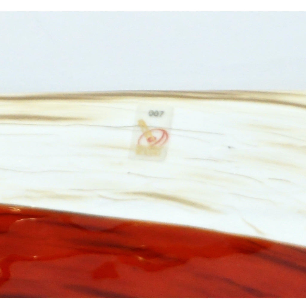 Organic Italian Pearl White Murano Glass Bowl with Swirled Wine Red Murrine