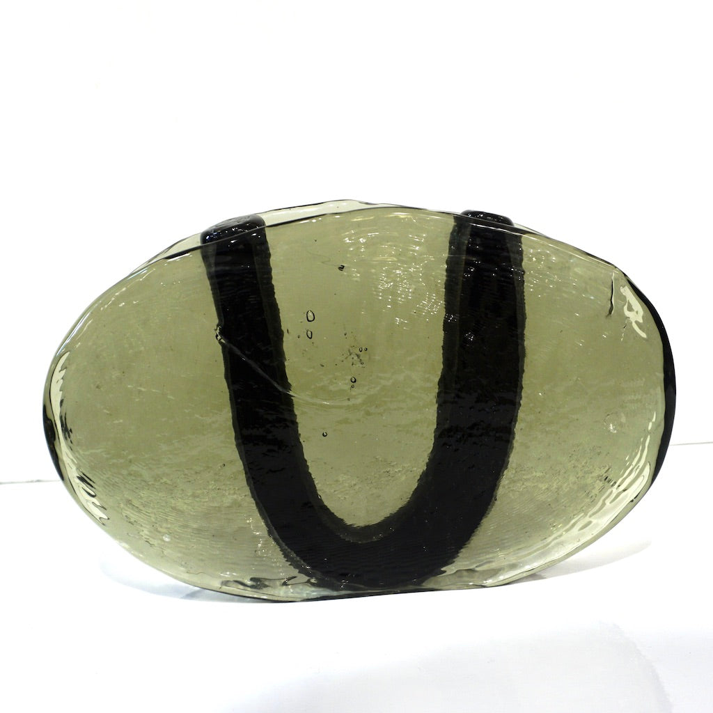 1970s Vintage Abstract Italian Smoked Green & Black Murano Glass Oval Flower Vase
