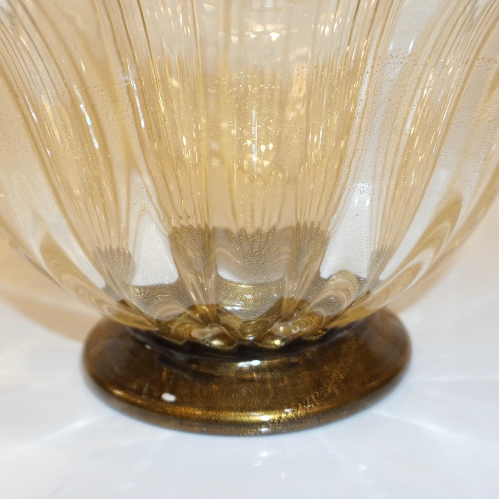 Italian Gold Dust Crystal Murano Glass Scalloped Centerpiece/Bowl with Black Rim