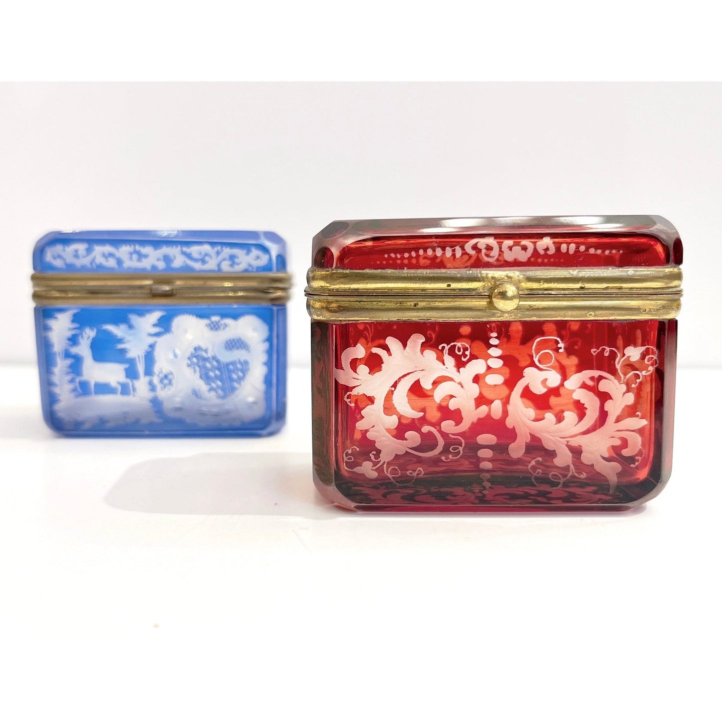 Antique Austrian Hinged Lid Ruby Red Bohemian Engraved Cut Crystal Trinket Box