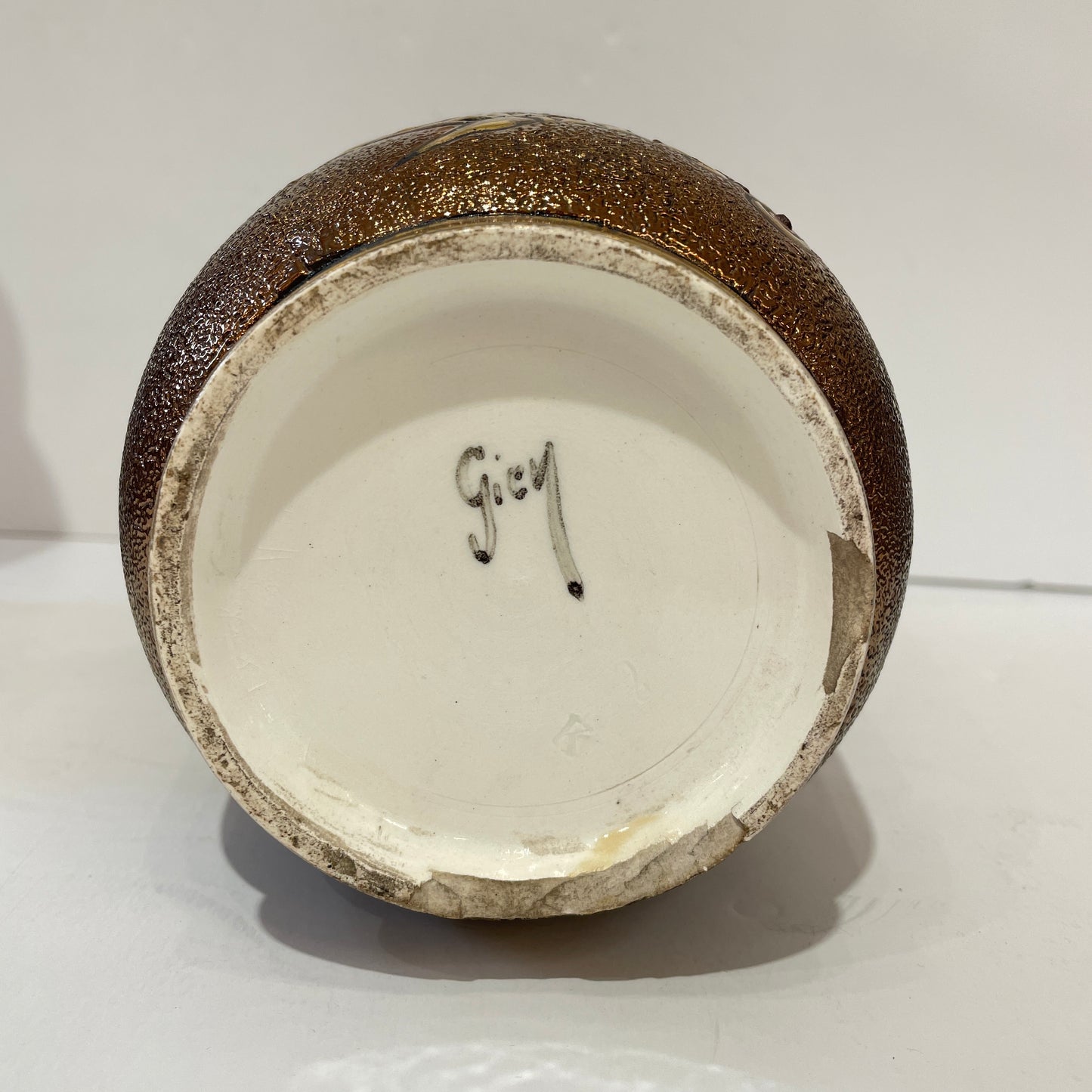 1880 Gien French Faience Pair Majolica Gold & Brown Vases with Armored Knights