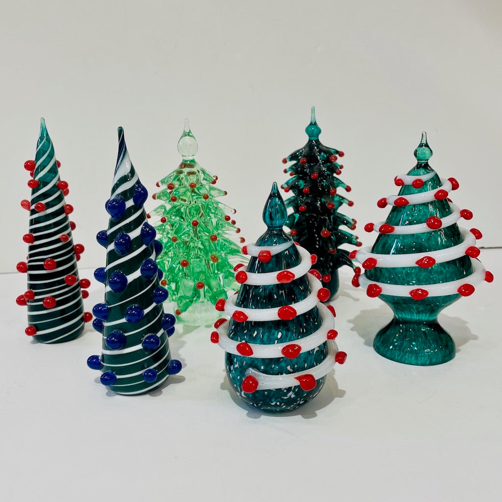 Contemporary Italian White Green Red Murano Glass Christmas Tree Cone Sculpture
