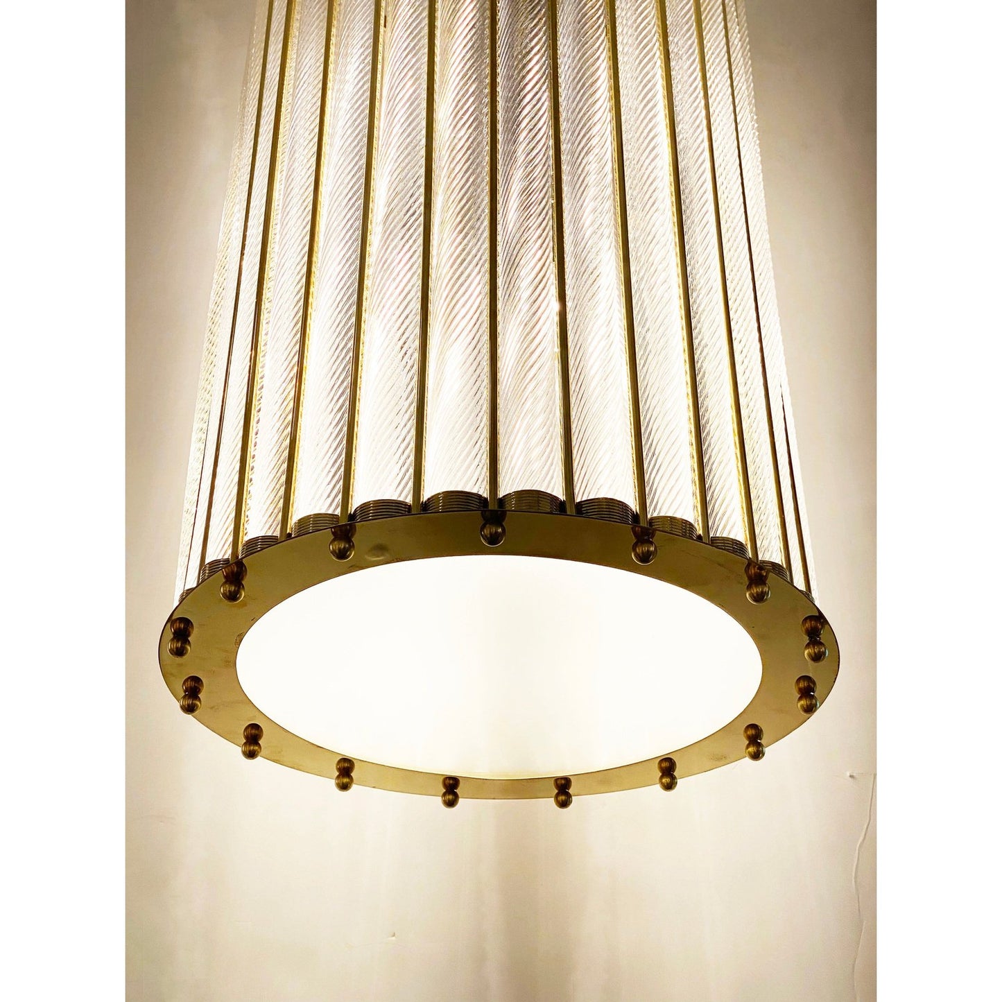 Italian Tall Crystal Twisted Murano Glass Brass Lantern Pendant / Chandelier