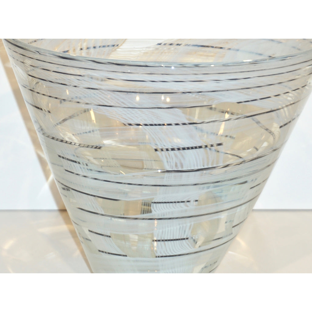 Vintage Venini Pair of Crystal Murano Glass Black White Murrine Art Deco Vases