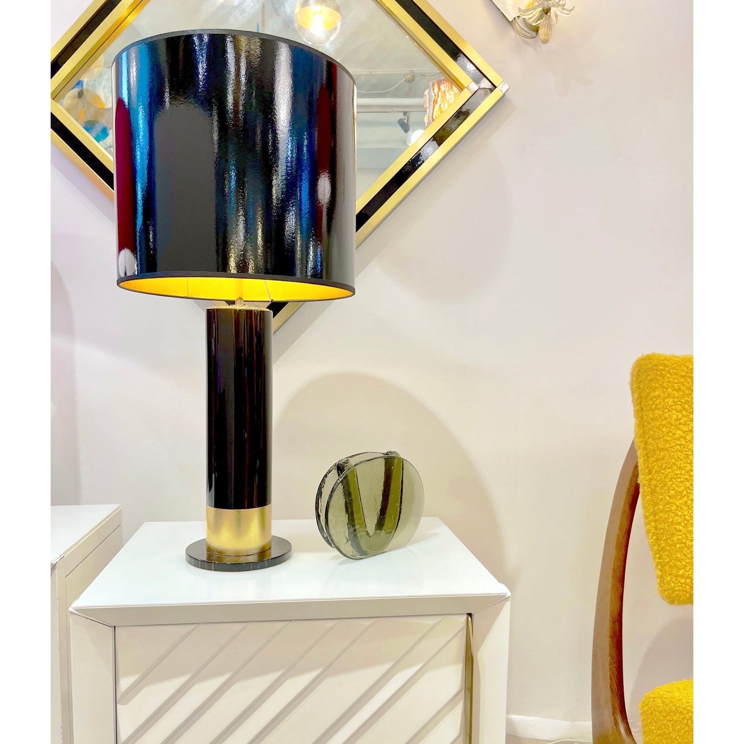 Spanish Art Deco Design Pair of Black Brown Veneer & Gold Leaf Cylindrical Lamps