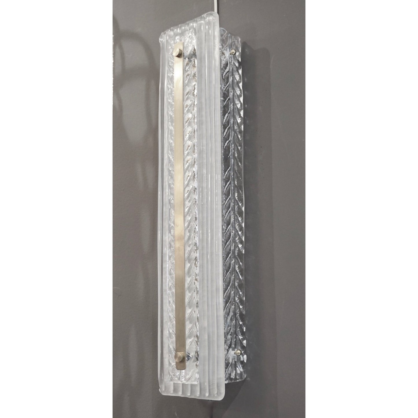 Italian Modern Pair Tall White Crystal Leaf Textured Murano Glass Nickel Sconces