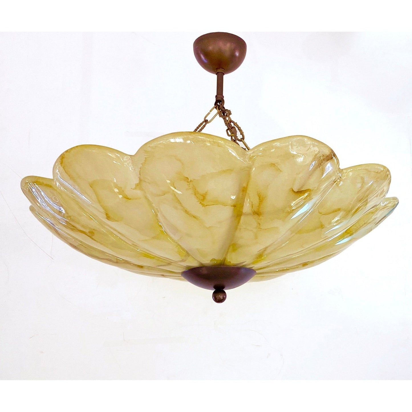1950s Italian Mustard Yellow Streak Murano Glass Bronzed Dome Pendant/Flushmount