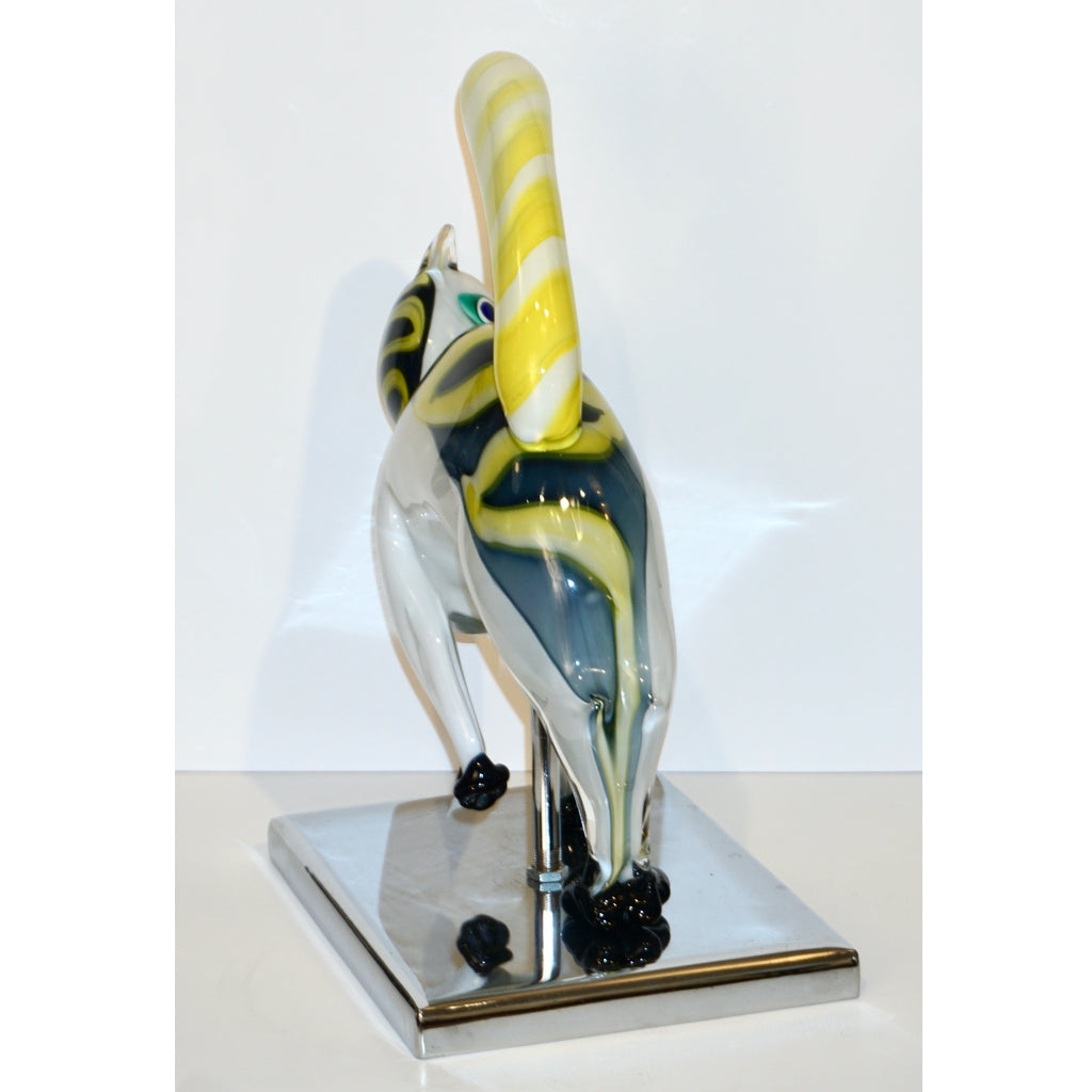 Alfredo Barbini Italian Modernist White Yellow Murano Art Glass Cat Sculpture