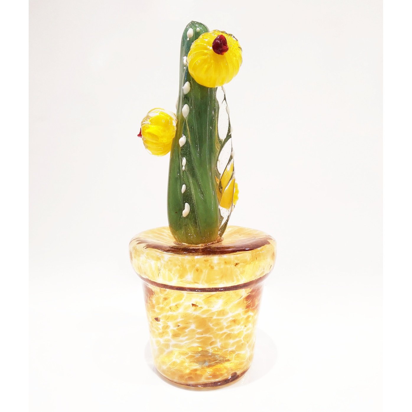 2000s Italian Green Murano Glass Cactus Plant with Yellow Flowers in Gold Pot