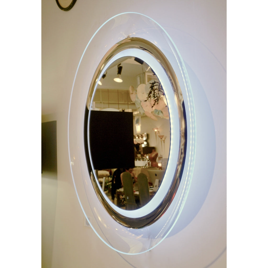 Contemporary Italian Minimalist Curved Silver & Frosted Glass Round Lit Wall Mirror
